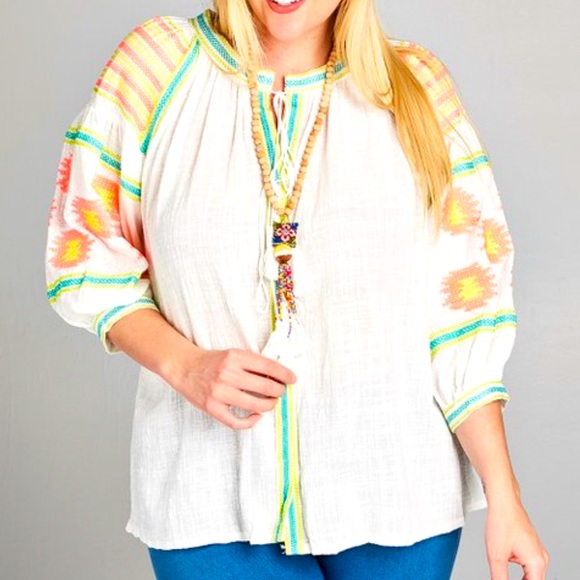 Velzera Tops - Floral Tassel-Tie Tunic White Neon Orange Boho 100% Cotton Women’s 2X NWT